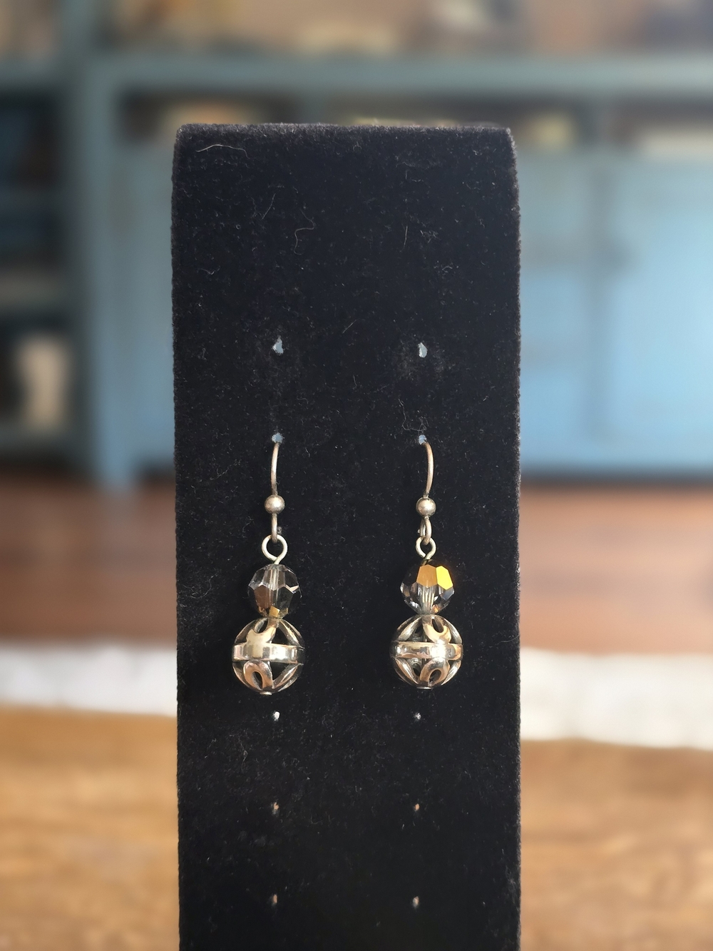 Gold Tone Filigree Drop Earrings with Amber Crystal Accent